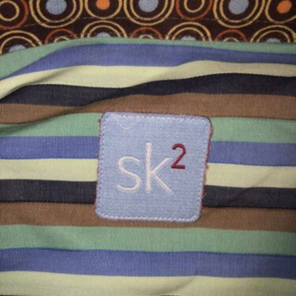 SK2 Men’s Colorful Striped Button Up Shirt Size 4 Cotton Blue Green Large - Picture 2 of 11